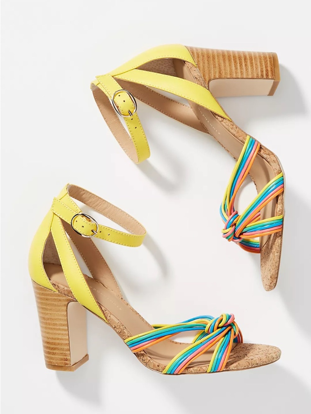 Anthropologie Summer Nights Yellow Multicolor Knotted Cork Heel Sandals -size 6M